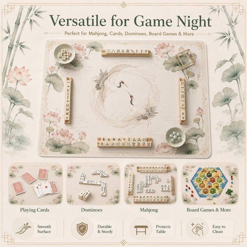 Elegant Mahjong Mat, Asian Koi Bamboo & Crane Lotus Game Mat, American Mahjong Table Mat, Soft Non Slip Mat