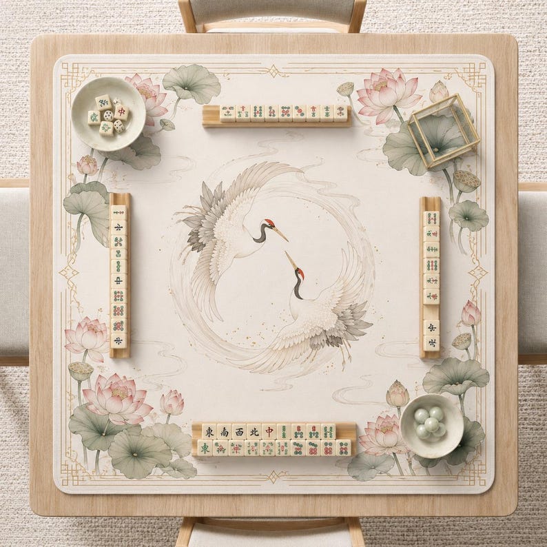 Elegant Mahjong Mat, Asian Koi Bamboo & Crane Lotus Game Mat, American Mahjong Table Mat, Soft Non Slip Mat