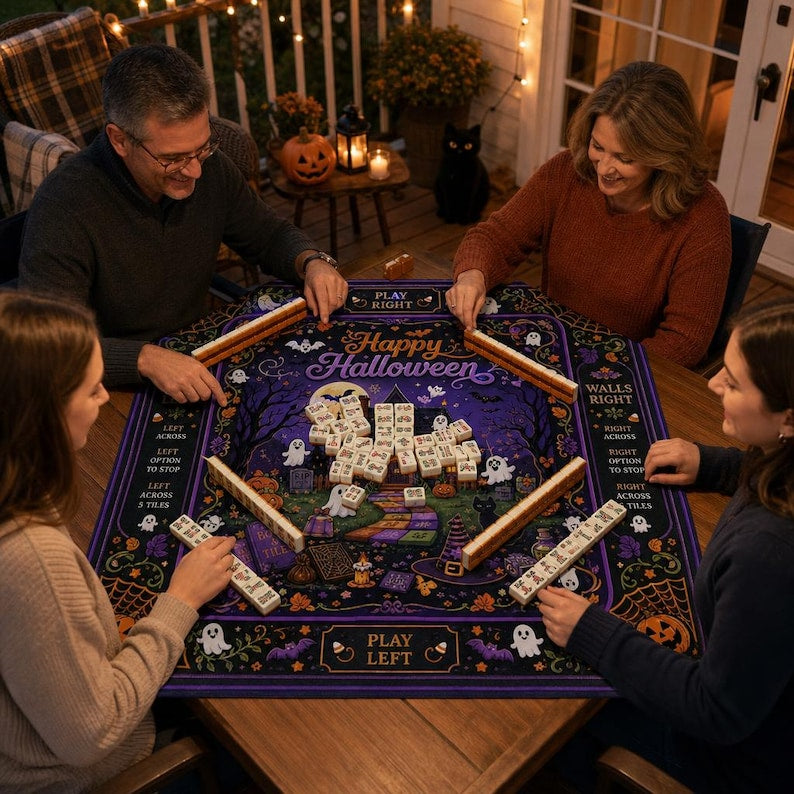 Spooky Game Night Halloween Mahjong Mat, Tropical Palm Mahjong Mat For Novices And Experienced Players, Gift For Family