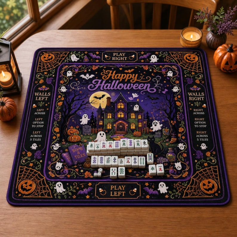 Spooky Game Night Halloween Mahjong Mat, Tropical Palm Mahjong Mat For Novices And Experienced Players, Gift For Family