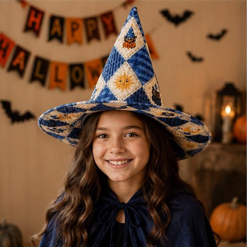 Vintage Halloween Quilted Witch Hat, Retro Patchwork Witch Costume Hat, Spooky Season Party Hat