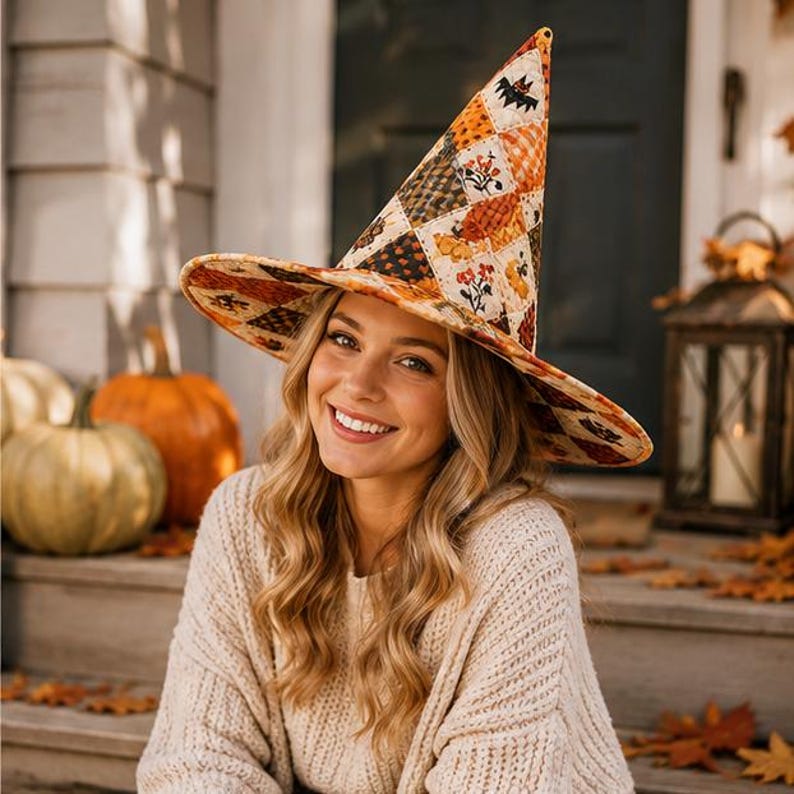 Vintage Halloween Quilted Witch Hat, Retro Patchwork Witch Costume Hat, Spooky Season Party Hat