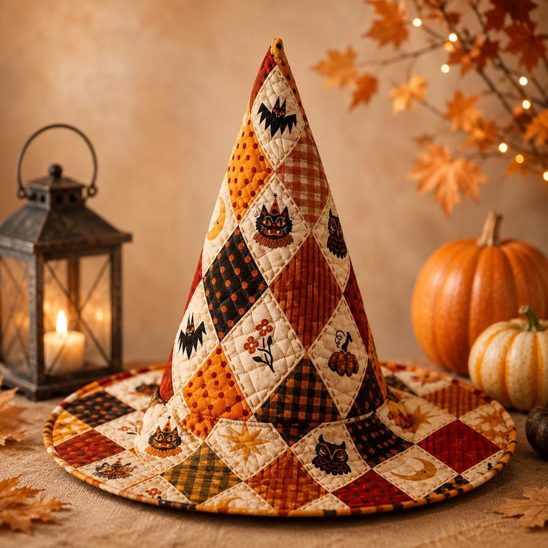 Vintage Halloween Quilted Witch Hat, Retro Patchwork Witch Costume Hat, Spooky Season Party Hat