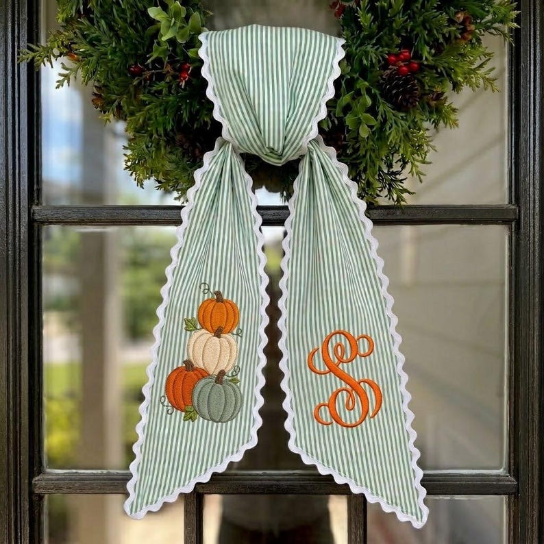Embroidered Monogram Fall Sash, Sage Green Ticking Stripe Wreath Bow with Pumpkins, Autumn Harvest Front Door Decor