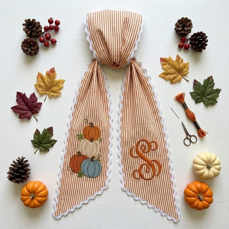 Embroidered Monogram Fall Sash, Sage Green Ticking Stripe Wreath Bow with Pumpkins, Autumn Harvest Front Door Decor