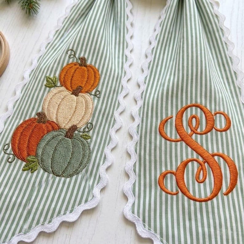 Embroidered Monogram Fall Sash, Sage Green Ticking Stripe Wreath Bow with Pumpkins, Autumn Harvest Front Door Decor