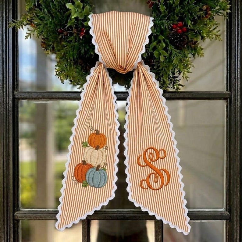 Embroidered Monogram Fall Sash, Sage Green Ticking Stripe Wreath Bow with Pumpkins, Autumn Harvest Front Door Decor