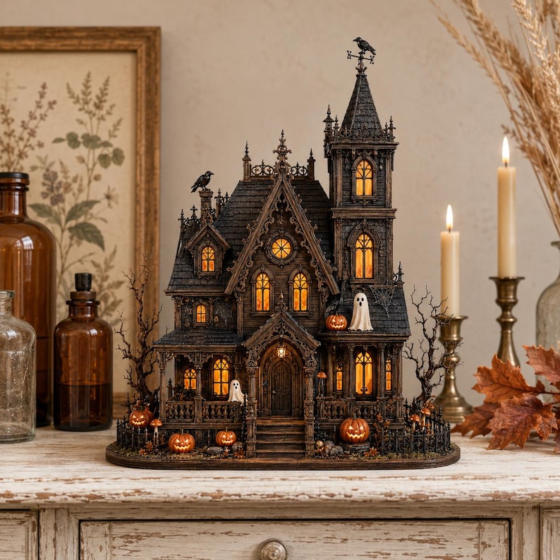Haunted House Wooden Block, Gothic Halloween Mansion Shelf Decor, Spooky Pumpkin Tabletop Accent