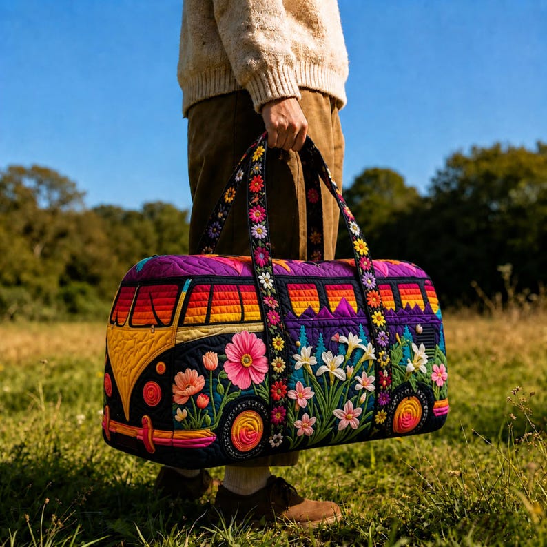 Custom Quilted Duffel Bag, Retro Camper Van Travel Weekender, Boho Road Trip Carry On