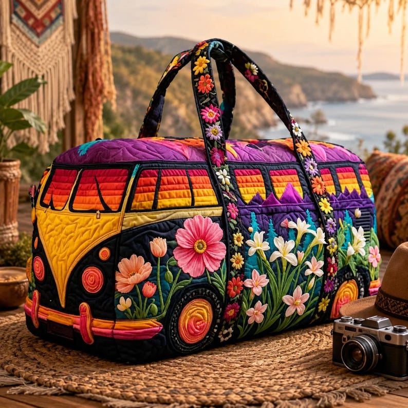 Custom Quilted Duffel Bag, Retro Camper Van Travel Weekender, Boho Road Trip Carry On