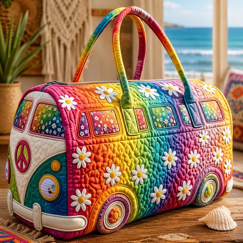 Custom Quilted Duffel Bag, Rainbow Daisy Tie Dye Weekender, Boho Road Trip Carry On