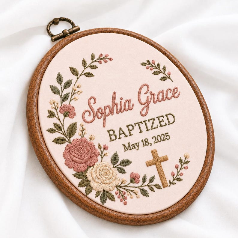 Personalized Embroidered Baptism Hoop, Custom Child Of God Name Sign With Cross, Floral Baptized Keepsake