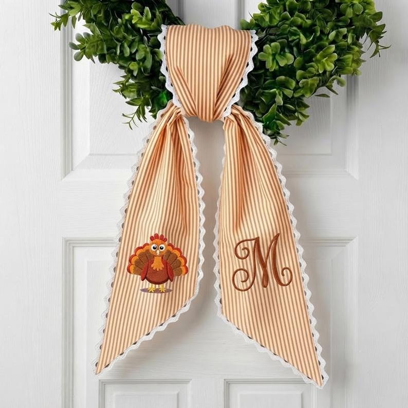 Personalized Thanksgiving Embroidered Wreath Sash, Embroidered Turkey Door Bow, Autumn Decor
