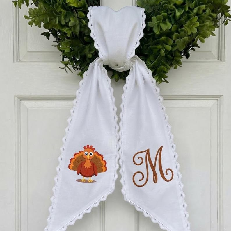 Personalized Thanksgiving Embroidered Wreath Sash, Embroidered Turkey Door Bow, Autumn Decor
