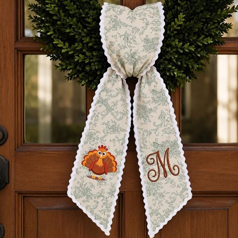 Personalized Thanksgiving Embroidered Wreath Sash, Embroidered Turkey Door Bow, Autumn Decor