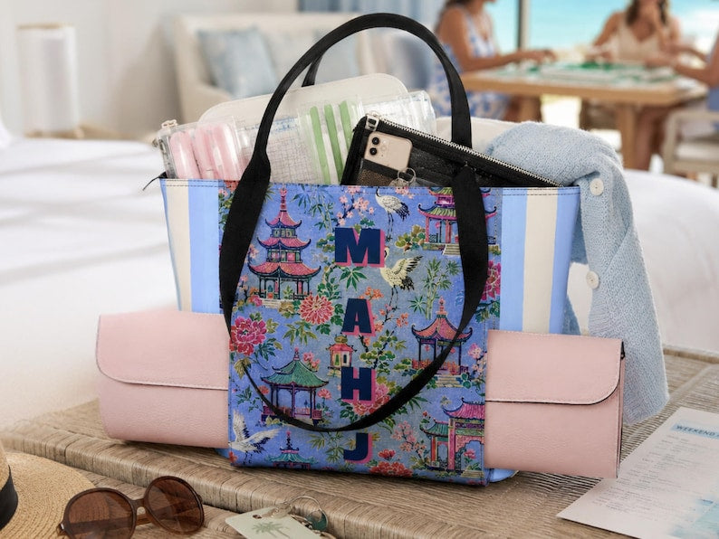 Mahjong Mat Carrying Bag, Mahjong Striped Tote with Zipper, Game Night Storage Bag, Travel Mah Jongg Organizer
