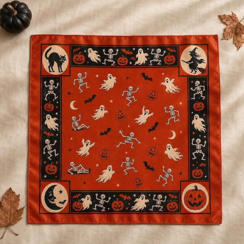 Vintage Skeleton Halloween Satin Bandana, Dancing Skeleton Ghost Pumpkin Head Scarf, Orange Witchy Hair Wrap, Retro Neck Scarf
