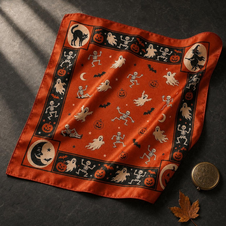 Vintage Skeleton Halloween Satin Bandana, Dancing Skeleton Ghost Pumpkin Head Scarf, Orange Witchy Hair Wrap, Retro Neck Scarf