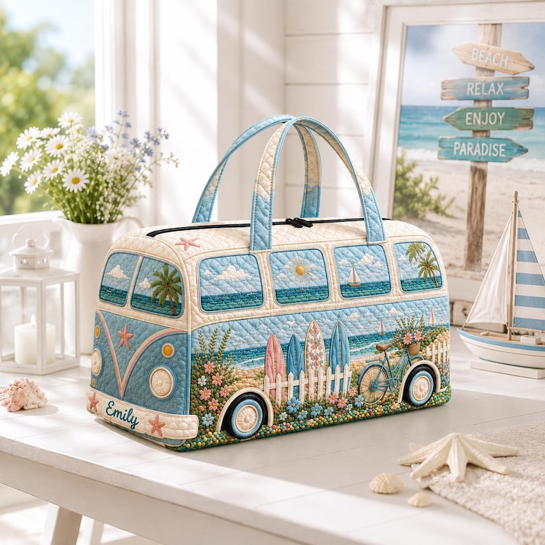 Personalized Quilted Camper Duffel Bag, Retro Beach Travel Weekender Tote