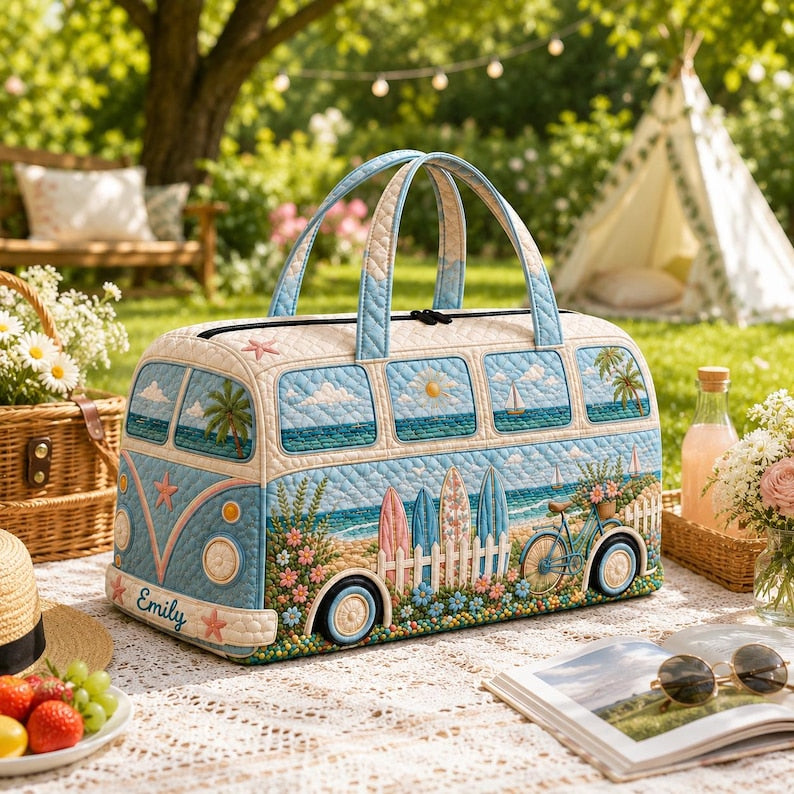 Personalized Quilted Camper Duffel Bag, Retro Beach Travel Weekender Tote