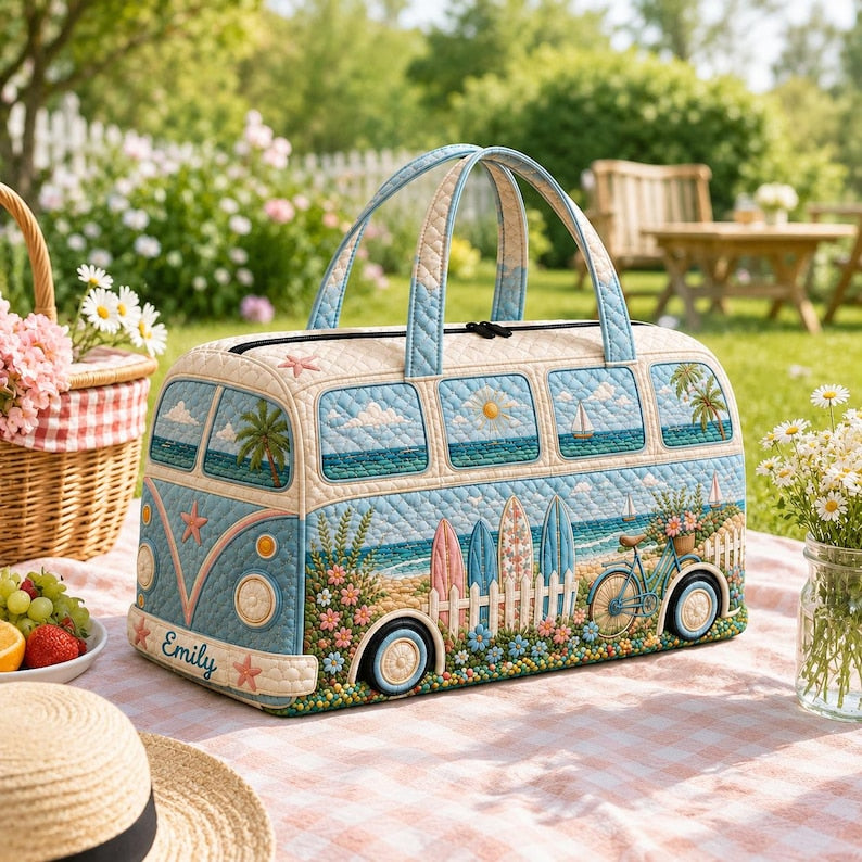 Personalized Quilted Camper Duffel Bag, Retro Beach Travel Weekender Tote