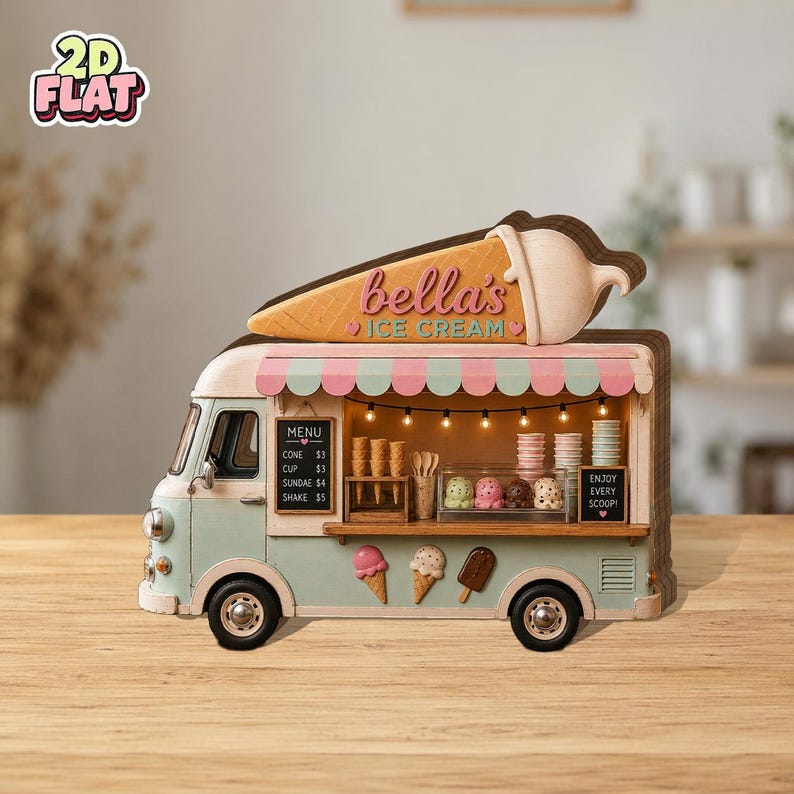 Personalized Ice Cream Truck Wooden Block Decor, Custom Ice Cream Stand Shelf Sitter, Summer Dessert Shop Decor