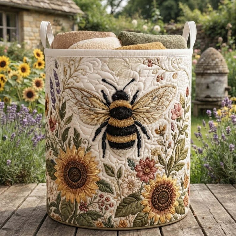 Golden Bee Quilted Laundry Basket, Bee Botanical Clothes Hamper, Wildflower Storage Bin