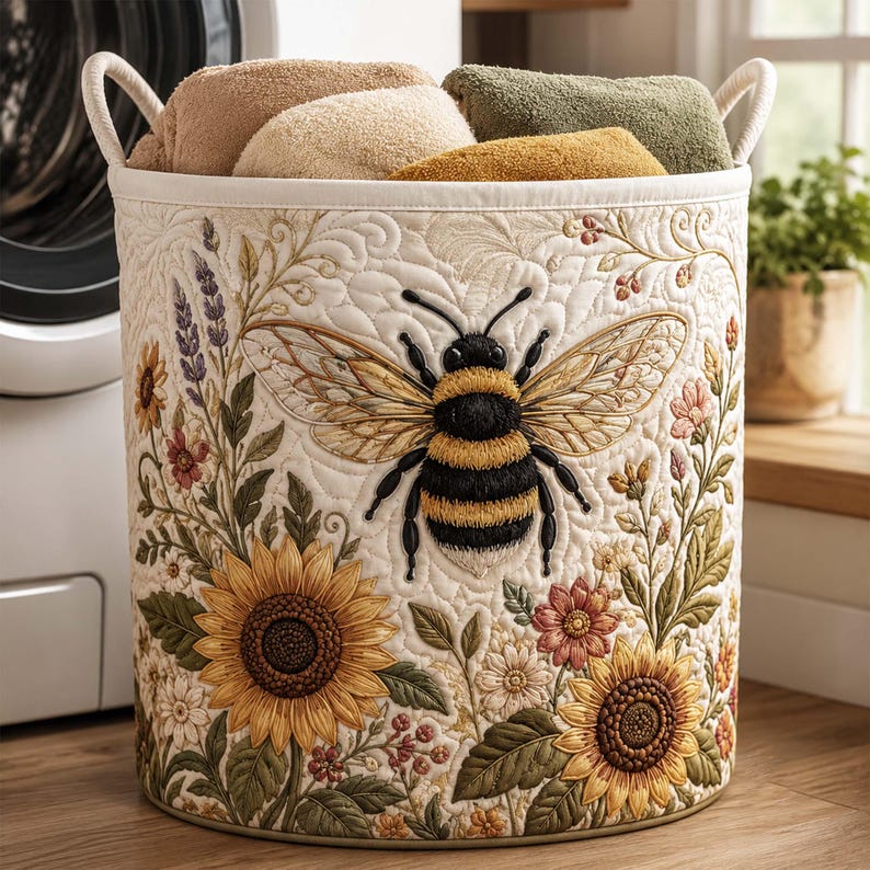 Golden Bee Quilted Laundry Basket, Bee Botanical Clothes Hamper, Wildflower Storage Bin