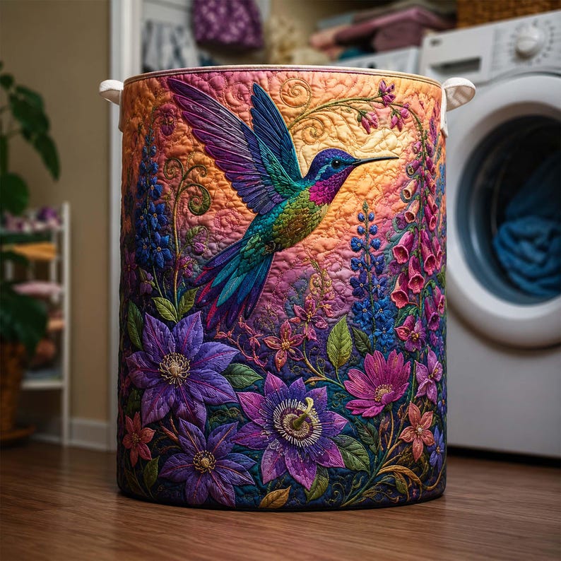 Hummingbird Quilted Laundry Basket, Colorful Bird Clothes Hamper, Vibrant Storage Bin