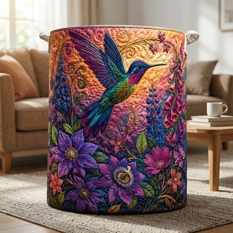 Hummingbird Quilted Laundry Basket, Colorful Bird Clothes Hamper, Vibrant Storage Bin