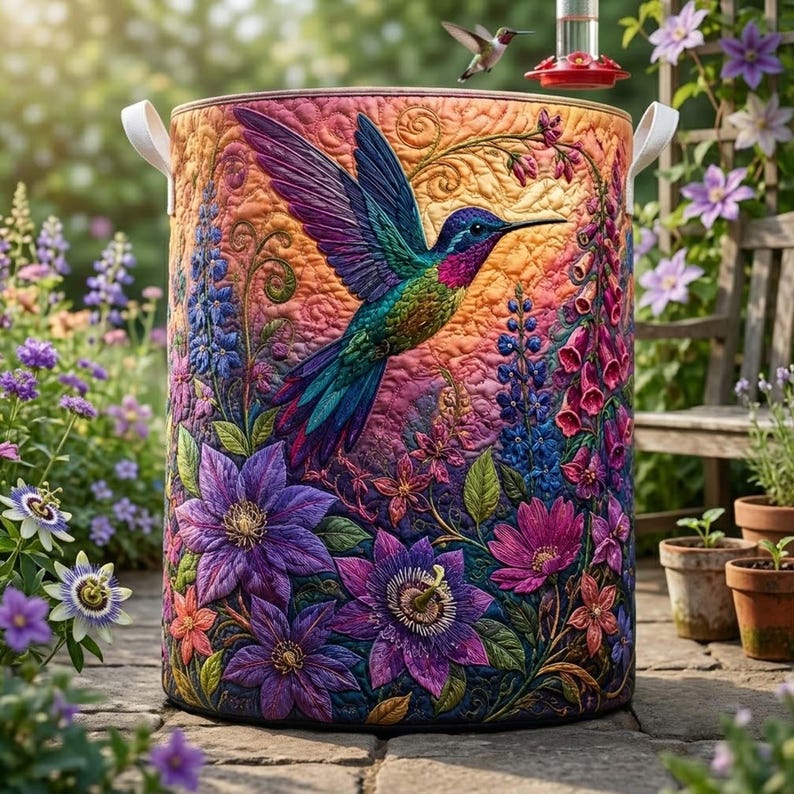 Hummingbird Quilted Laundry Basket, Colorful Bird Clothes Hamper, Vibrant Storage Bin