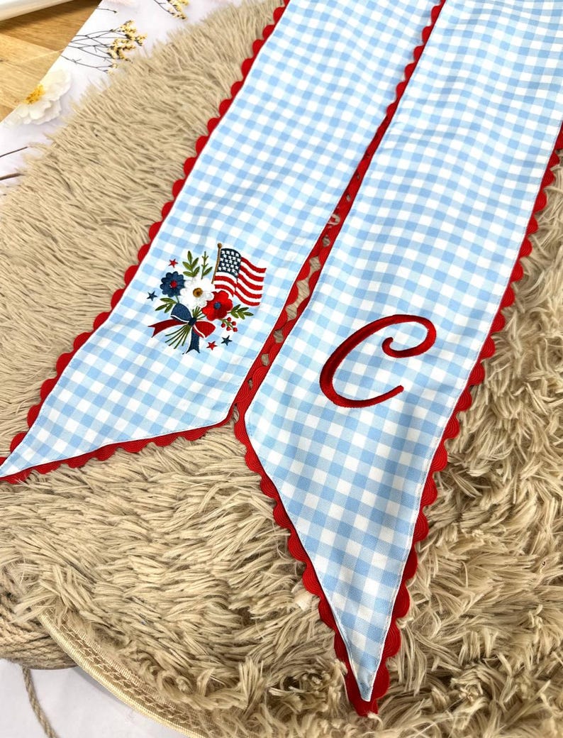 Personalized Christmas Santa Wreath Sash, Stripe Front Door Ric Rac Bow, Embroidered Holiday Decor, Xmas Gift