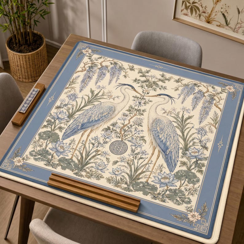 Heron Mahjong Mat, Blue Crane Chinoiserie Game Mat with Wisteria Lotus Design, Non-Slip Mah Jongg Table Cover