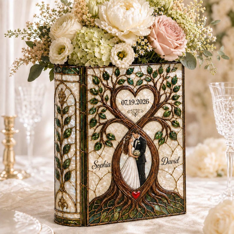 Personalized Stained Glass Wedding Book Vase, Custom Couple Heart Tree Vase, Bridal Shower Gift, Anniversary Keepsake