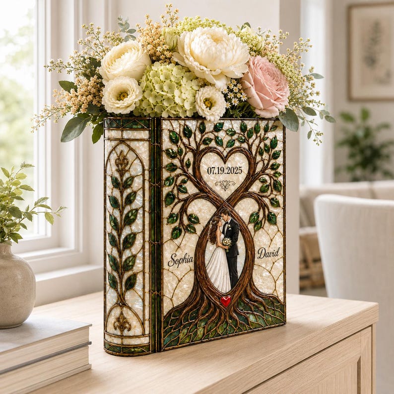 Personalized Stained Glass Wedding Book Vase, Custom Couple Heart Tree Vase, Bridal Shower Gift, Anniversary Keepsake