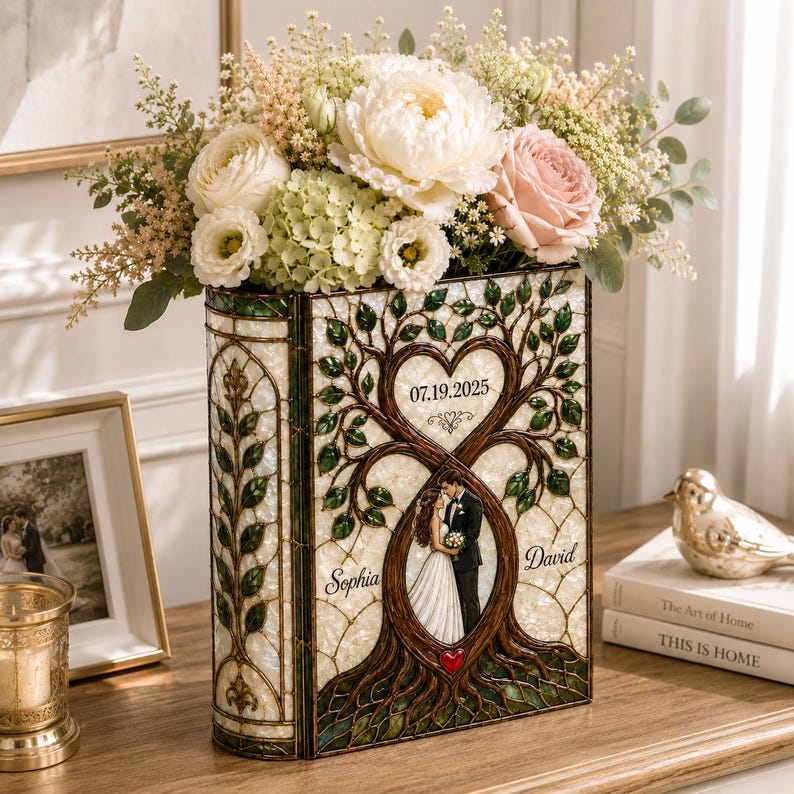 Personalized Stained Glass Wedding Book Vase, Custom Couple Heart Tree Vase, Bridal Shower Gift, Anniversary Keepsake