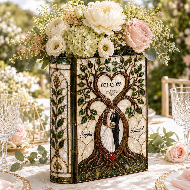 Personalized Stained Glass Wedding Book Vase, Custom Couple Heart Tree Vase, Bridal Shower Gift, Anniversary Keepsake