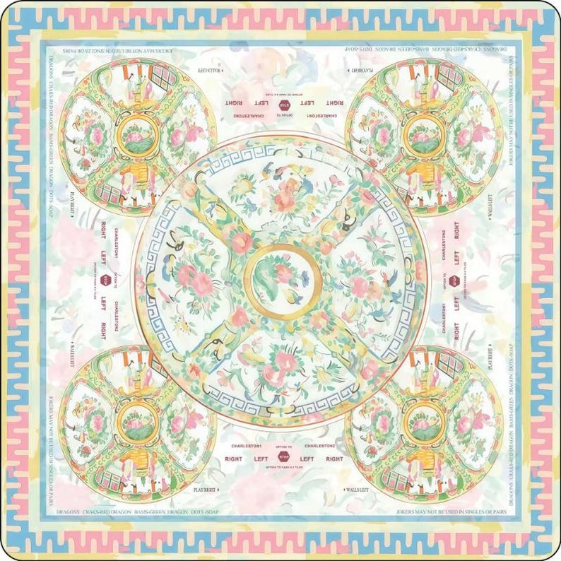 Canton Rose Mahjong Mat, Pastel Porcelain Medallion Game Mat with Charleston Guide, Non-Slip Mah Jongg Table Cover