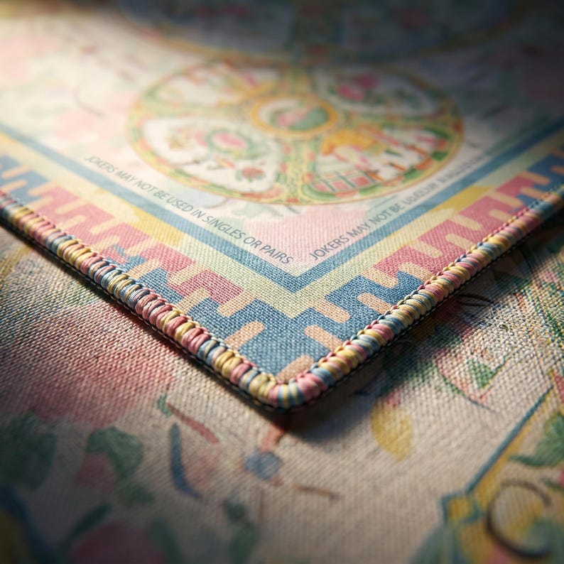 Canton Rose Mahjong Mat, Pastel Porcelain Medallion Game Mat with Charleston Guide, Non-Slip Mah Jongg Table Cover