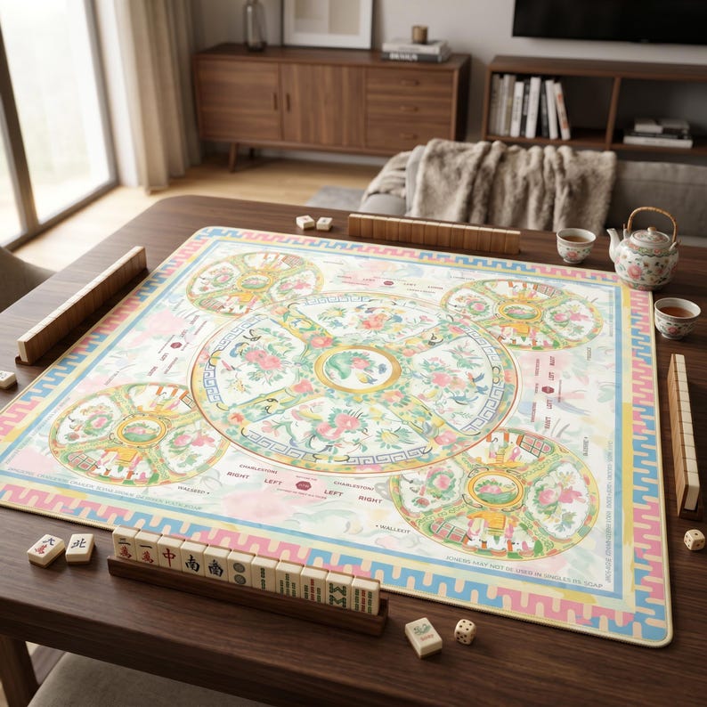 Canton Rose Mahjong Mat, Pastel Porcelain Medallion Game Mat with Charleston Guide, Non-Slip Mah Jongg Table Cover
