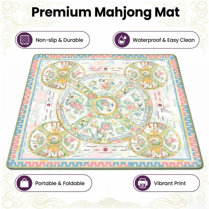 Canton Rose Mahjong Mat, Pastel Porcelain Medallion Game Mat with Charleston Guide, Non-Slip Mah Jongg Table Cover
