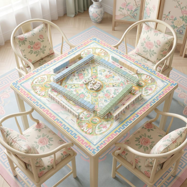 Canton Rose Mahjong Mat, Pastel Porcelain Medallion Game Mat with Charleston Guide, Non-Slip Mah Jongg Table Cover