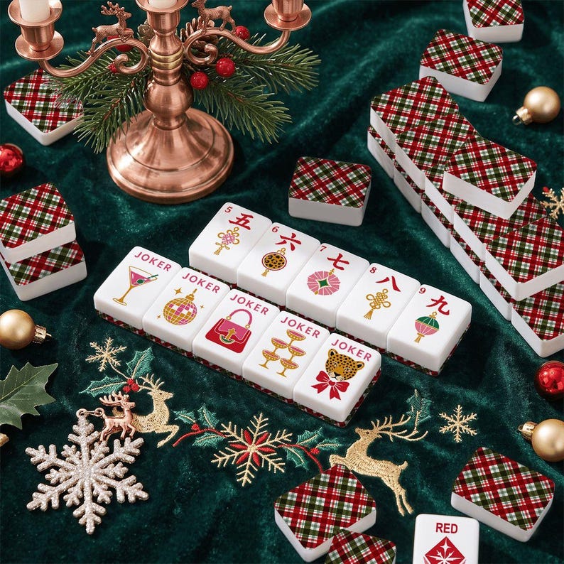 Christmas Plaid Mahjong Tiles, Tartan American Mahjong Tile Set, Festive Winter Mahjong Gift
