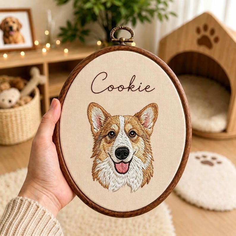 Personalized Pet Portrait Embroidery Hoop Art, Custom Dog Memorial Gift, Embroidered Pet Portrait From Photo