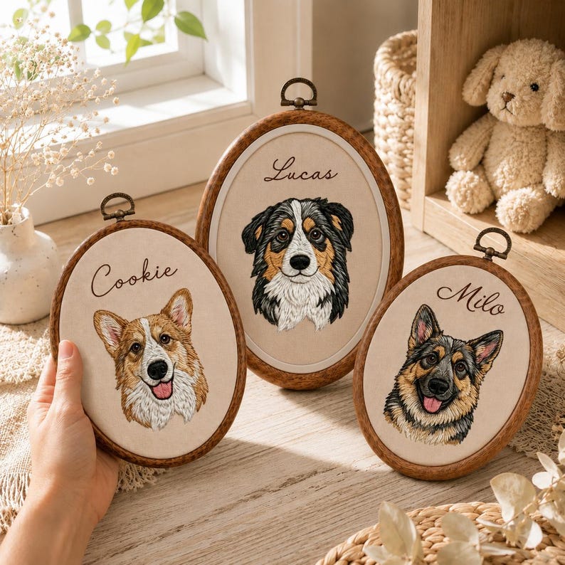 Personalized Pet Portrait Embroidery Hoop Art, Custom Dog Memorial Gift, Embroidered Pet Portrait From Photo