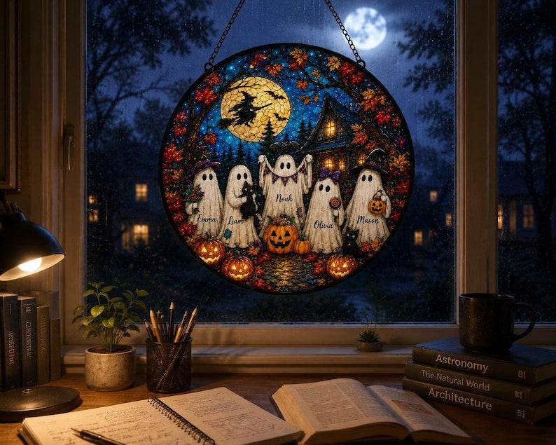 Personalized Halloween Ghost Family Suncatcher, Custom Name Stained Glass Window Hanging, Spooky Fall Decor