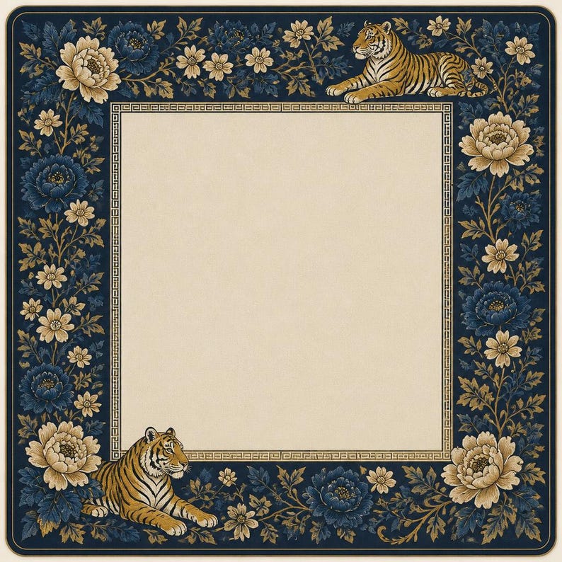 Tiger & Peony Mahjong Mat, Arts Game Mat, Victorian Botanical Non Slip Mat, for Novices And Experienced Players