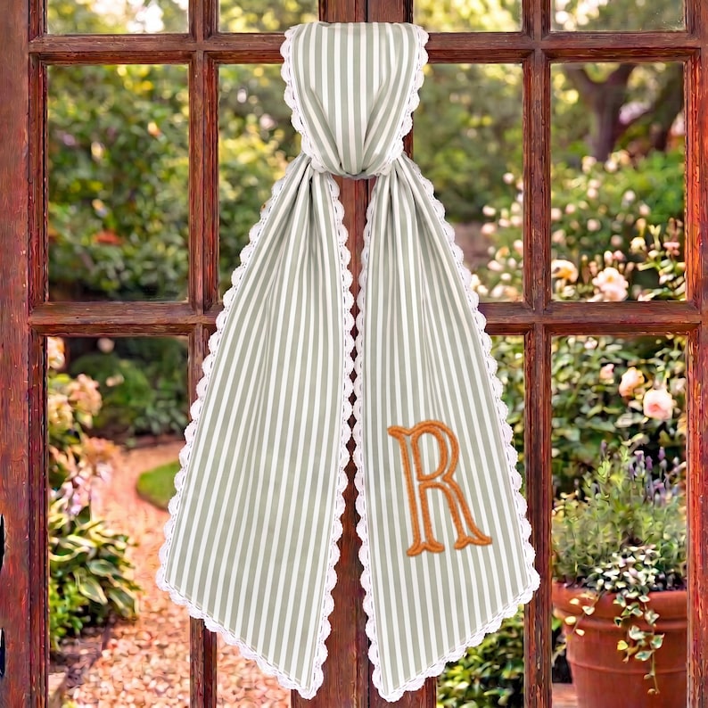 Embroidered Monogram Fall Sash, Sage Green Ticking Stripe Wreath Bow with Pumpkins, Autumn Harvest Front Door Decor