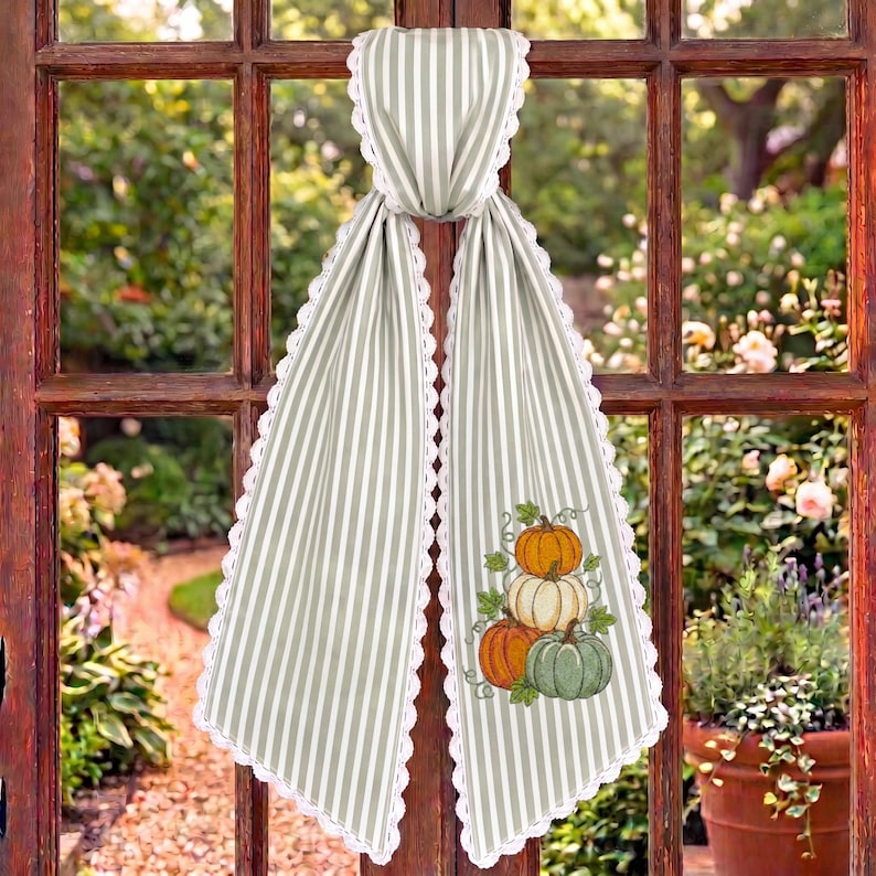 Embroidered Monogram Fall Sash, Sage Green Ticking Stripe Wreath Bow with Pumpkins, Autumn Harvest Front Door Decor