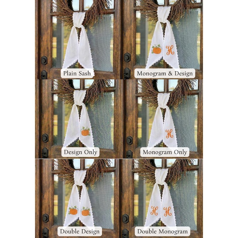 Embroidered Monogram Fall Sash, Sage Green Ticking Stripe Wreath Bow with Pumpkins, Autumn Harvest Front Door Decor